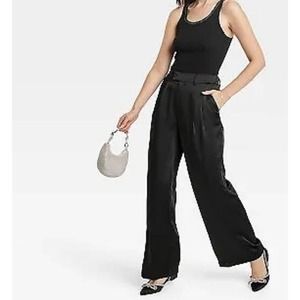 Women's High-Rise Wide Leg Satin Pants - A New Day Black 16 NWT